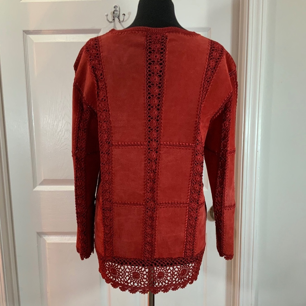 Red Suede Leather Crochet Patchwork Button Down B… - image 5